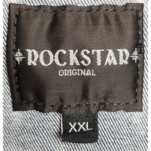 Rockstar Original Denim Jacket Mens XXL Blue Saint Sinner Distressed Streetwear - Picture 3 of 7